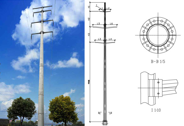 80ft Slip Joint S355JR Galvanized Steel Pole , Electricity Utility Power Pole 0
