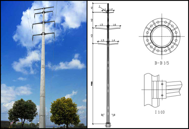 Polygonal 40FT 69kv Metal Steel Utility Poles Galvanized Surface Treatment ASTM A123 1