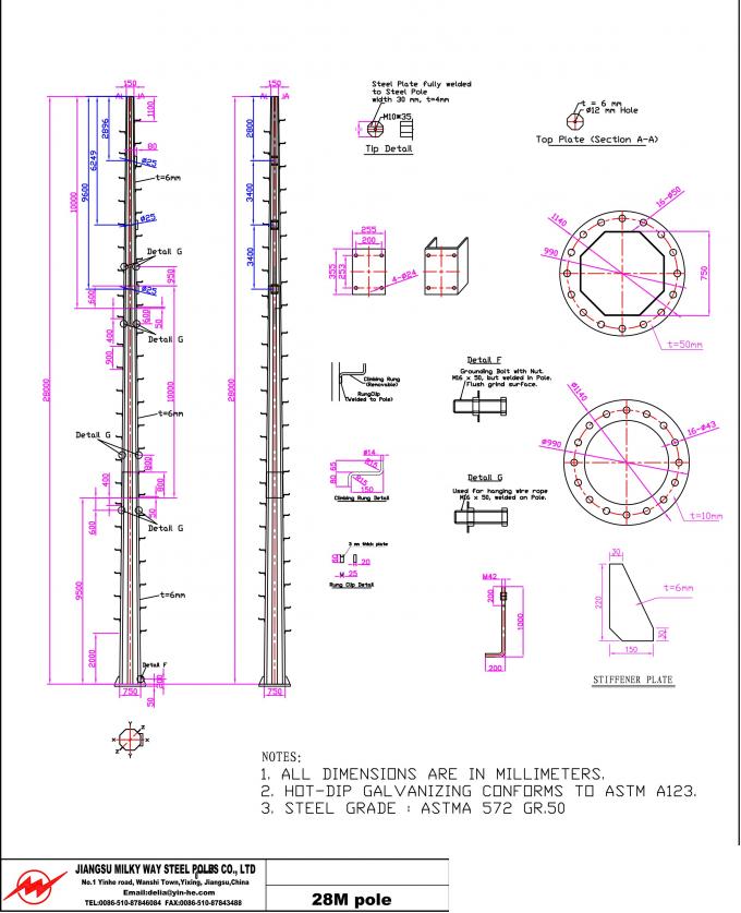 90ft Steel Tubular Telecommunication Monopole Transmission Tower Pole Powder Coating 0