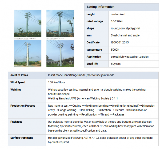 10-50m High Tension Galvanized Steel Pole Tower , Steel Utility Poles 0
