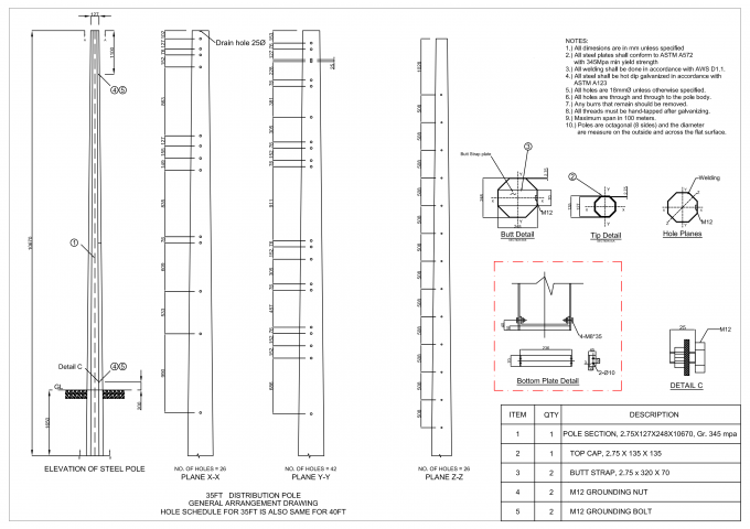 2.75*127*248*10670mm Gr,345 Mpa HDG Steel Power Pole Monopoles With AWS D1.1 0